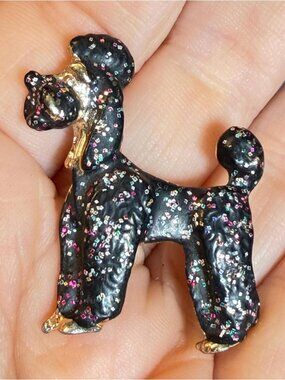Poodle Brooch Vintage Black Glitter Enamel Dog Pin 1.5"